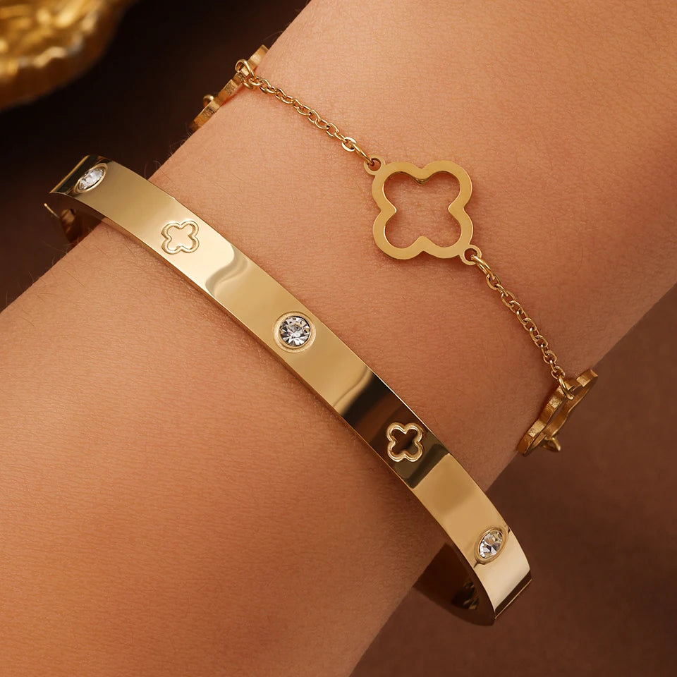 NEW French Lucky Clover Women's Bracelet Set High Quality Stainless Steel INS Hot Selling Bracelet Charm Jewelry Gift 2PCS