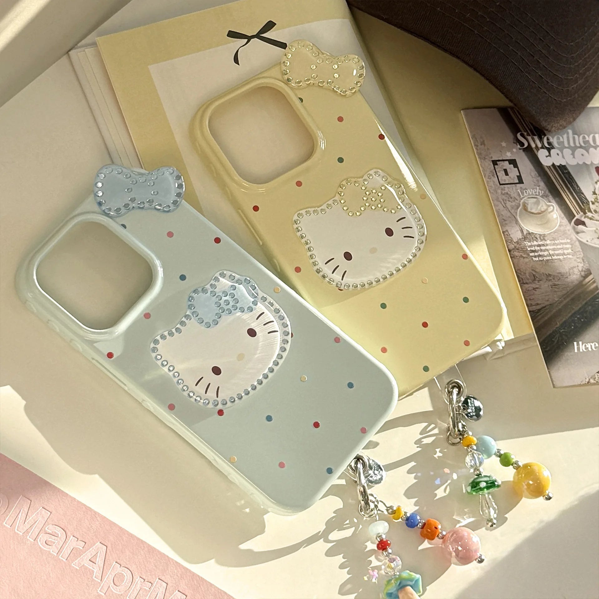Korean Colorful Wave Point 3D Bowknot Hello Kitty Phone Case For iPhone 16 15 14 13 12 Pro Max With Wrist Strap Shockproof Cover