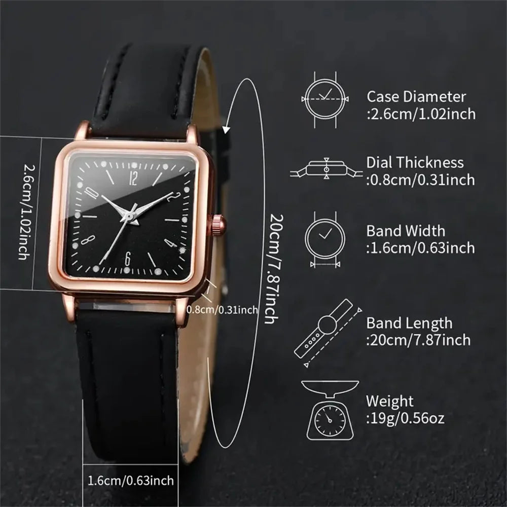 2PCS/Set Fashion Square Women's Watch Leather Band Quartz