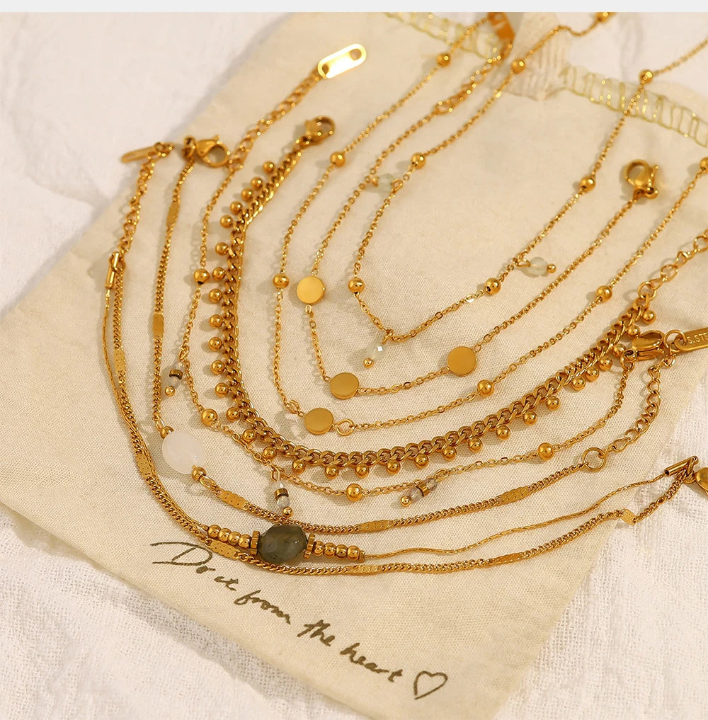 Trendy Stackable Natural Stones Shell Charms Bracelets for Women Multilayer Stainless Steel 18K Gold Plated Link Chains Jewelry