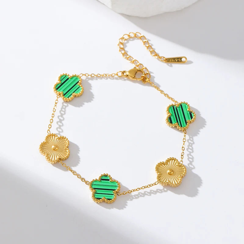 GANEMLY New Fashion Double Sided Green Five Leaf Flower Charm Bracelets
