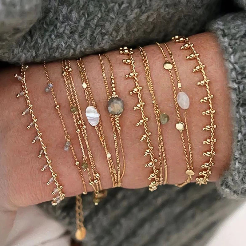 Trendy Stackable Natural Stones Shell Charms Bracelets for Women Multilayer Stainless Steel 18K Gold Plated Link Chains Jewelry