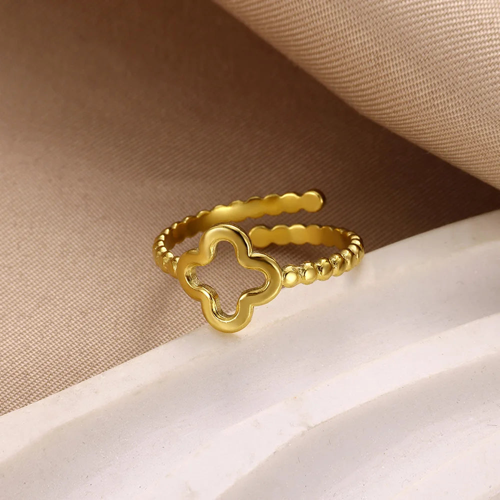 Minimalist Four Leaf Clover Stainless Steel Open Rings