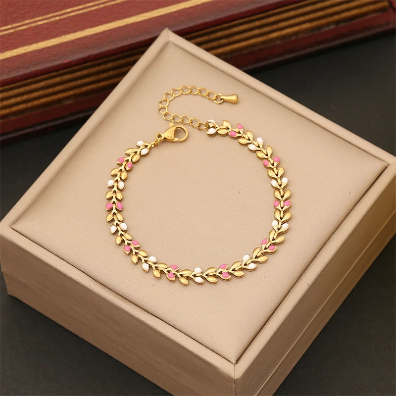 316L Stainless Steel New Fashion Fine Jewelry 3 Colors Oil Drip Wheat Ears Olive Branch Shape Charm Chain Bracelets For Women