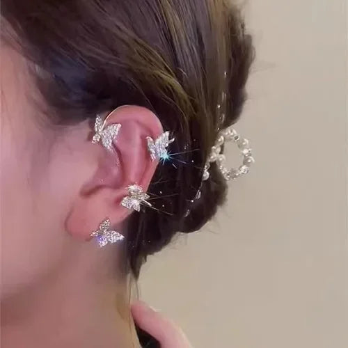 1PC Silver Color Crystal Tassel Cuff Ear Clip Earring for Women