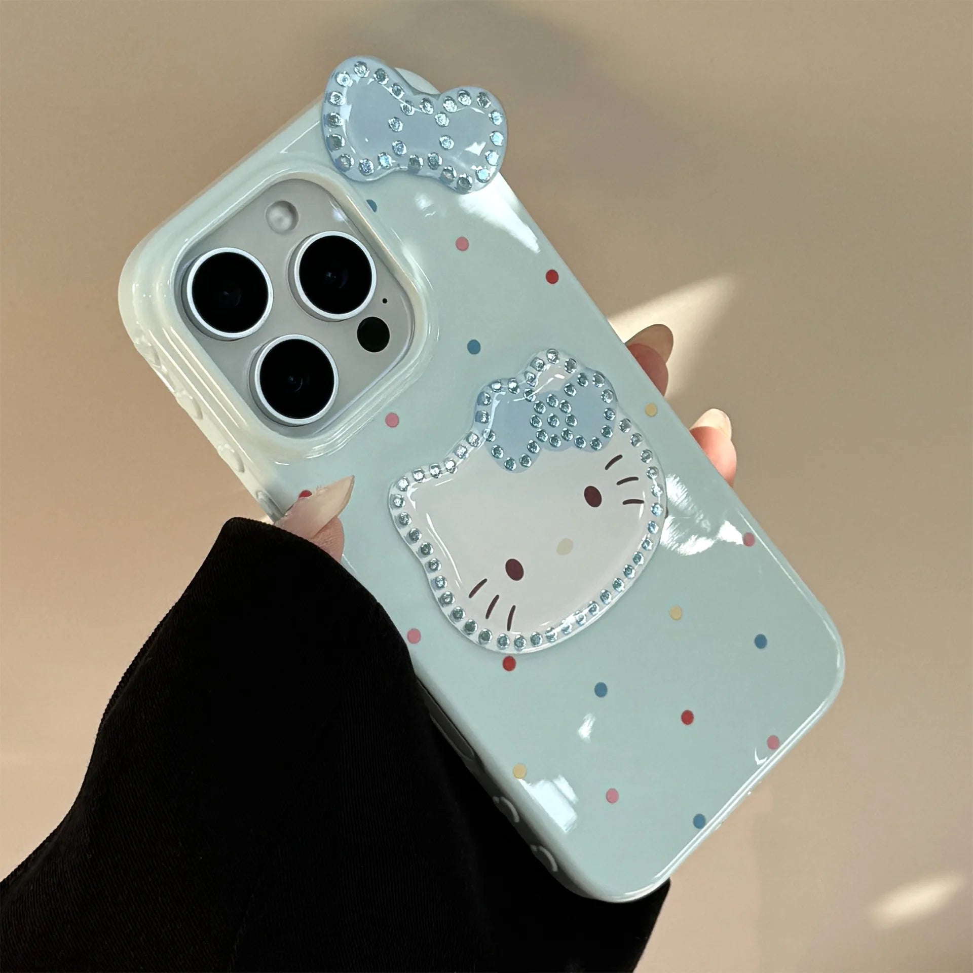 Korean Colorful Wave Point 3D Bowknot Hello Kitty Phone Case For iPhone 16 15 14 13 12 Pro Max With Wrist Strap Shockproof Cover