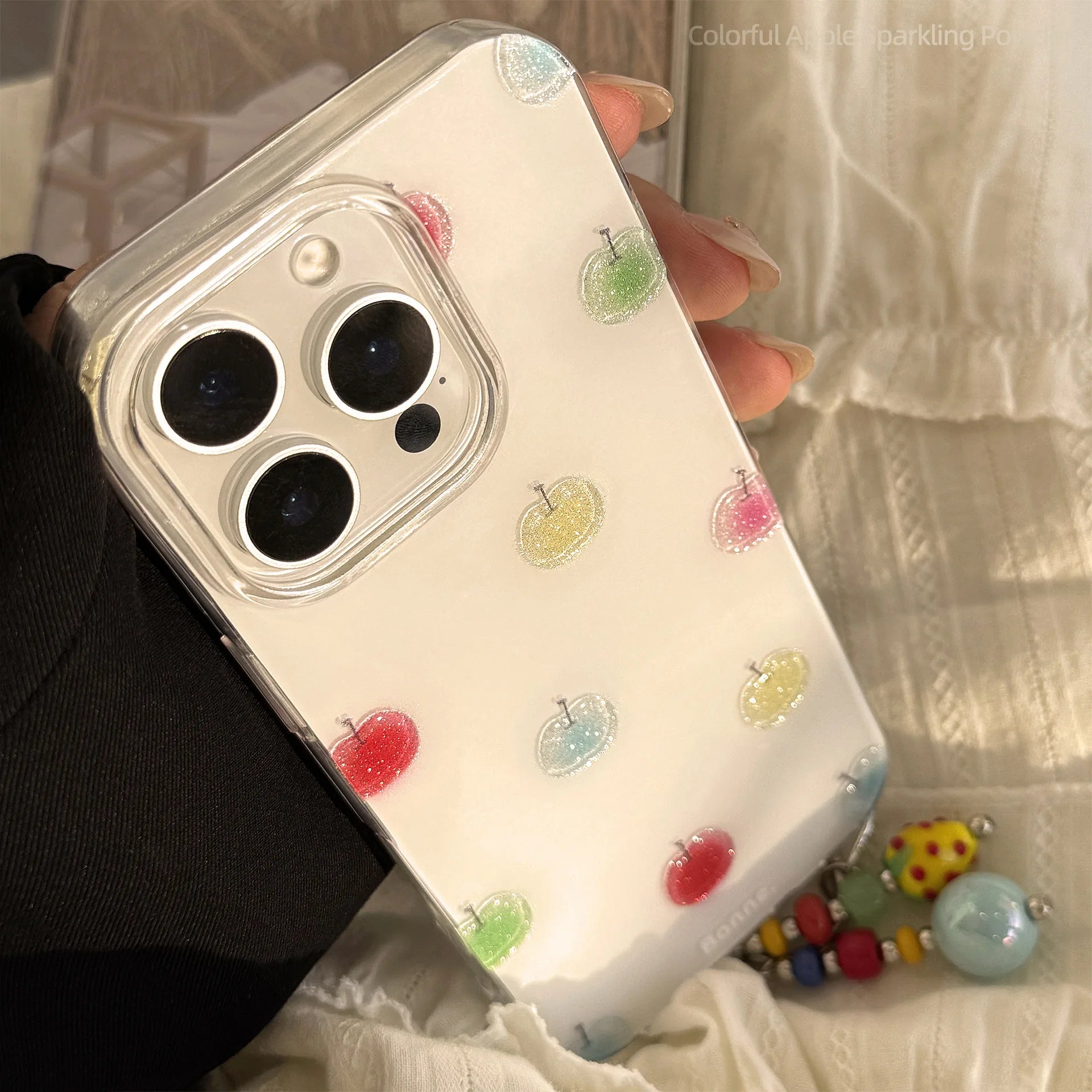 Colorful Apple Glitter Phone Case Pendant for iPhone 16 15 14 13 12mini 11 Pro Max XS XR X 7 8 Plus Shockproof Hard Cover