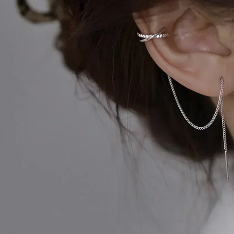 1PC Silver Color Crystal Tassel Cuff Ear Clip Earring for Women