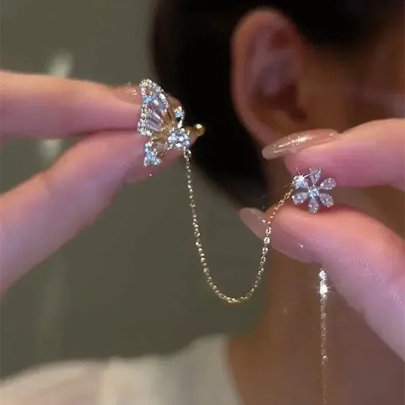 1PC Silver Color Crystal Tassel Cuff Ear Clip Earring for Women