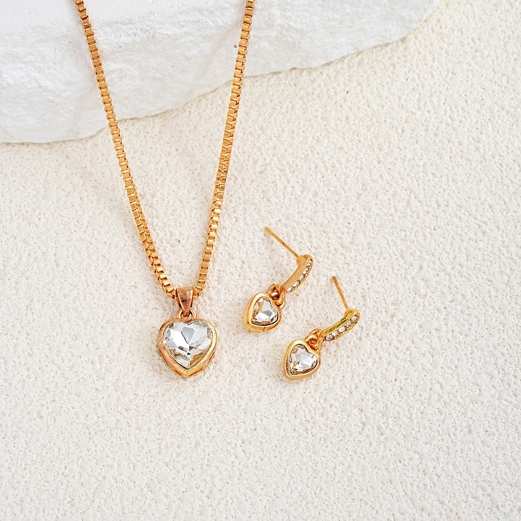 3 Pcs Heart Pendant Jewelry Set Of Earring Pendant Necklace For Women
