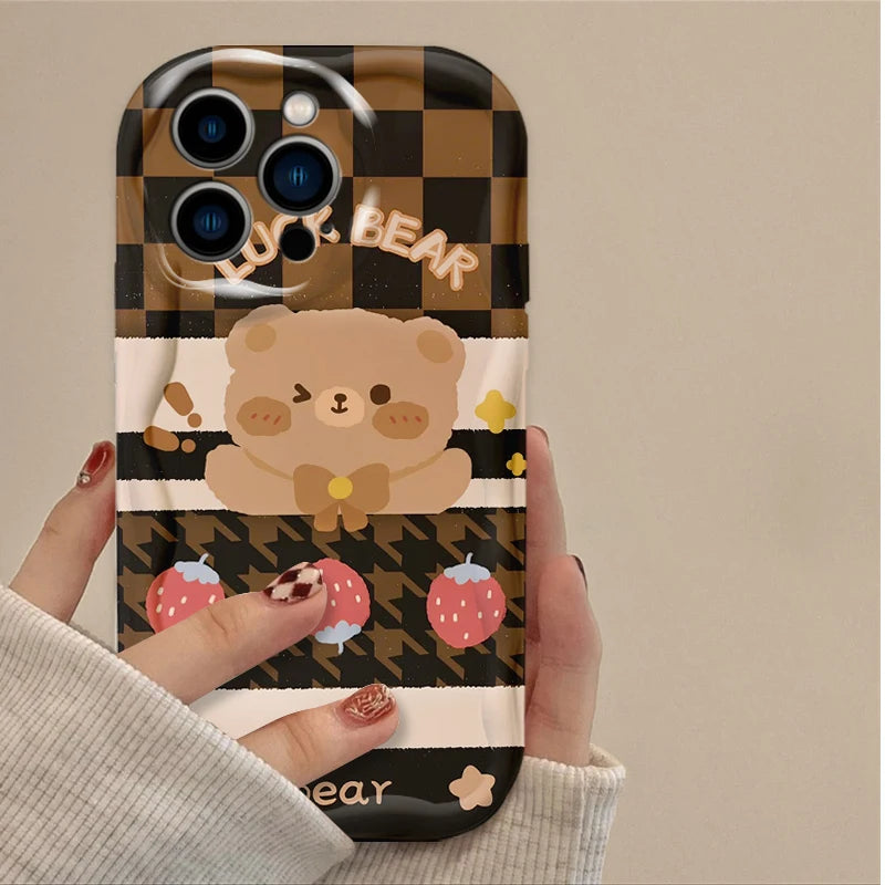 Lovely Coffee Bear Silicone Printing Phone Case for IPhone 16 15 14 13 12 11 Pro Max Plus 16E XR XS X 7 8 Wavy Shockproof Cover