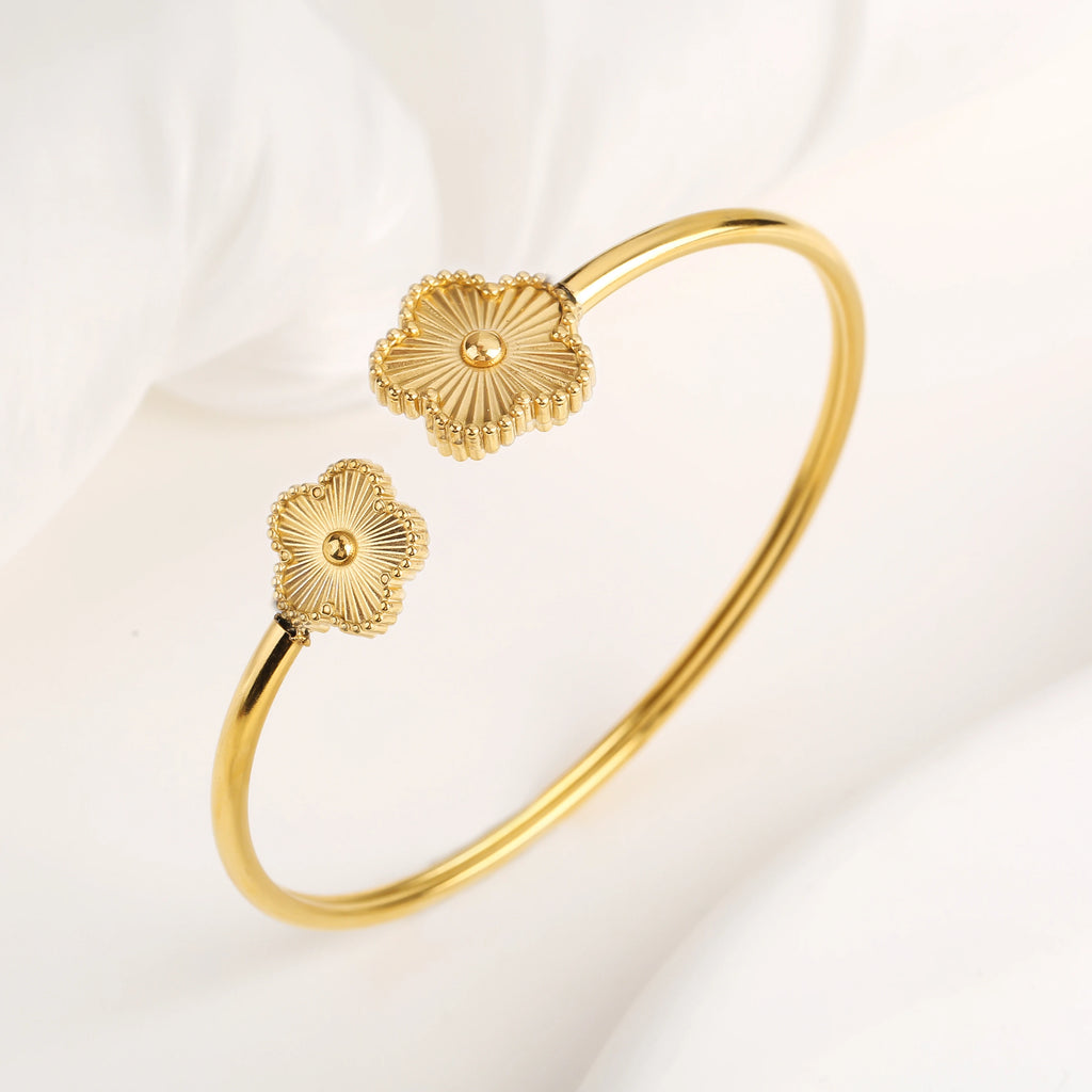 Adjustable Stainless Steel Gold-Plated Five-Leaf Flower Open Bangle Classic For Man Woman Luxury Party Jewelry Lucky Clover
