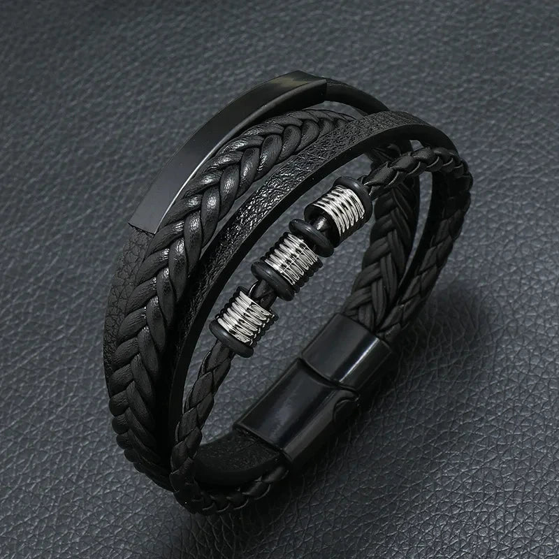 Trendy Leather Bracelets Men Stainless Steel Multilayer