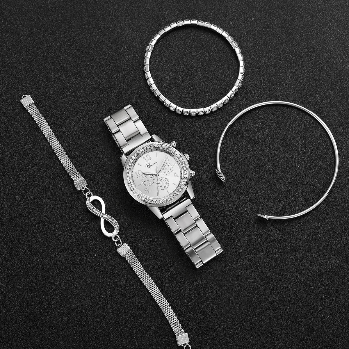 4PCS/Set Fashion Rhinestone Women Watches Luxury Steel Band Ladies Quartz Watch Bracelets Set