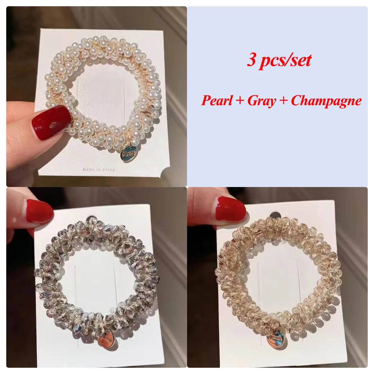3pcs/set Crystal Pearl Beads Elastic Bands