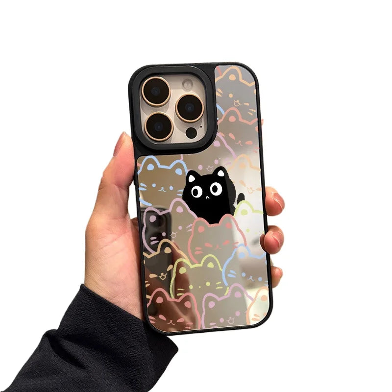 Case for iPhone 11 12 13 14 15 16 Pro Max Plus Series Colorful hollow cat pattern transparent mirror phone case