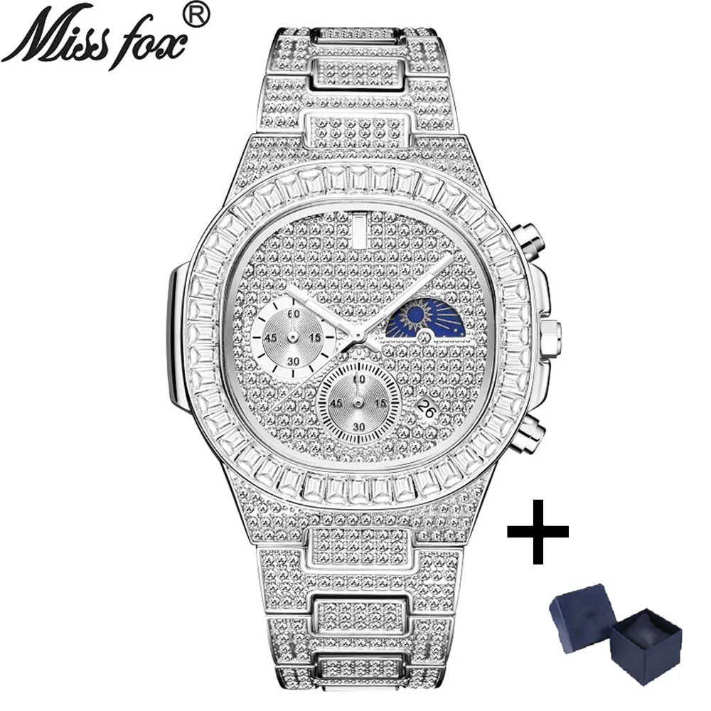 Luxury Quartz Mens Watches Fashion Square Diamond Stainless Steel Wristwatches