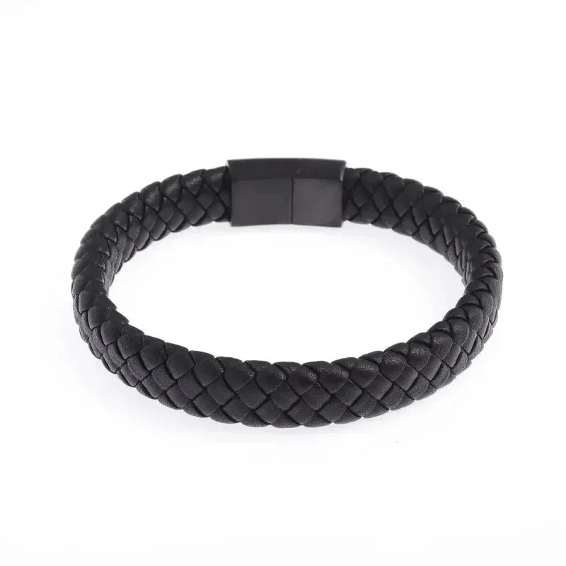 Classic Single Layer Black Hand Woven Leather Bracelet with Metal Magnetic Clasp Men