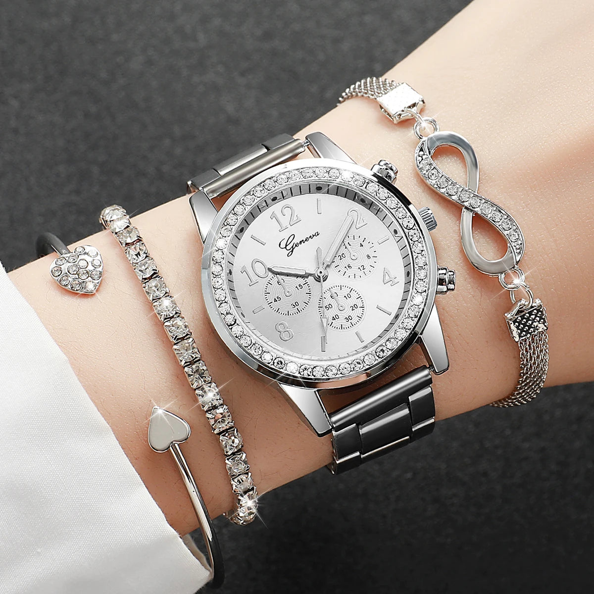 4PCS/Set Fashion Rhinestone Women Watches Luxury Steel Band Ladies Quartz Watch Bracelets Set