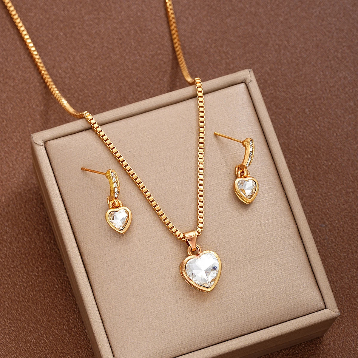 3 Pcs Heart Pendant Jewelry Set Of Earring Pendant Necklace For Women