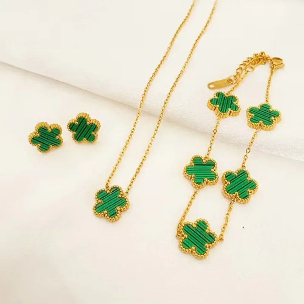 IFYOUOO Necklace Bracelet Earrings Set Luxury Plum Blossom Plant Five Leaf Flower for Women Gift Jewelry