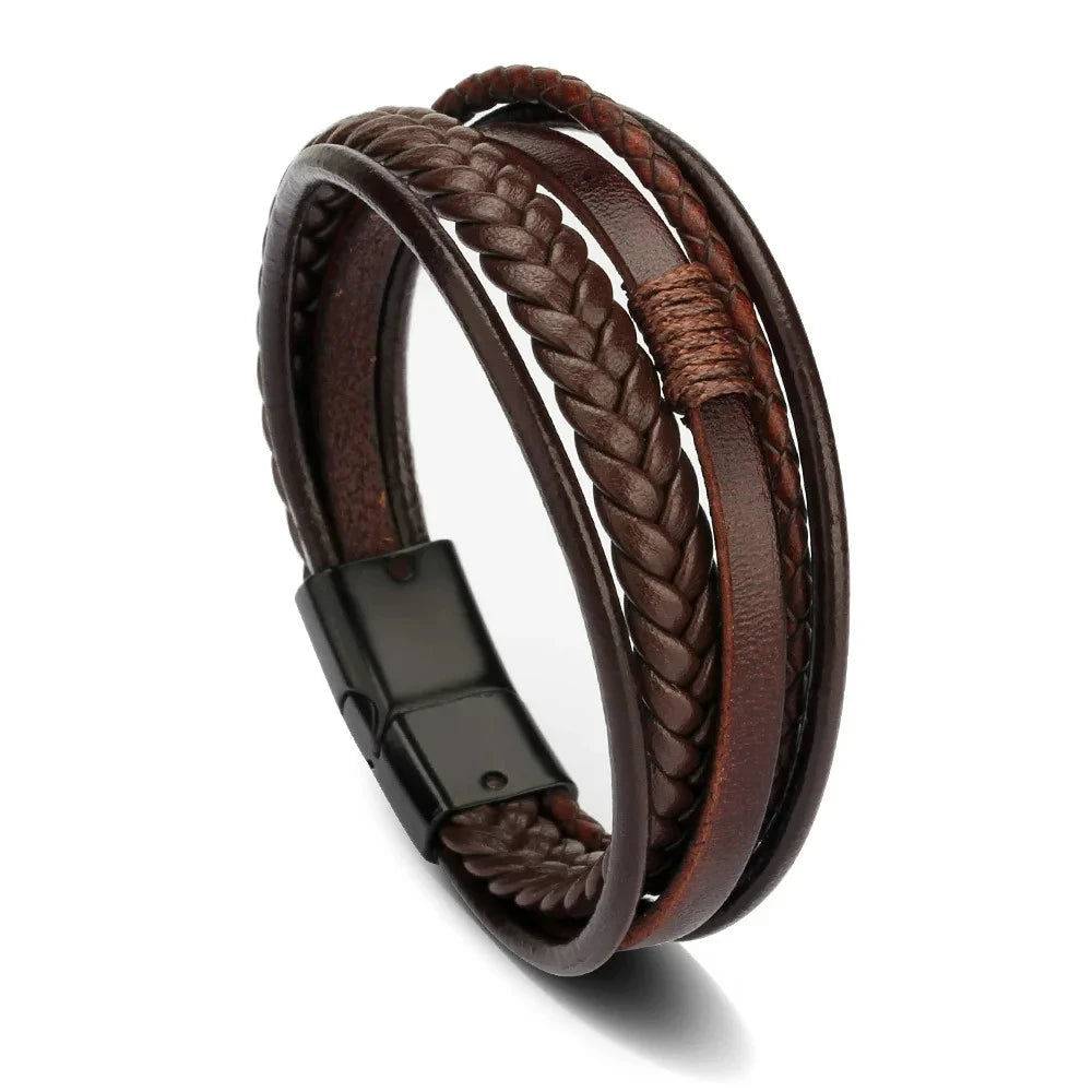 Trendy Leather Bracelets Men Stainless Steel Multilayer