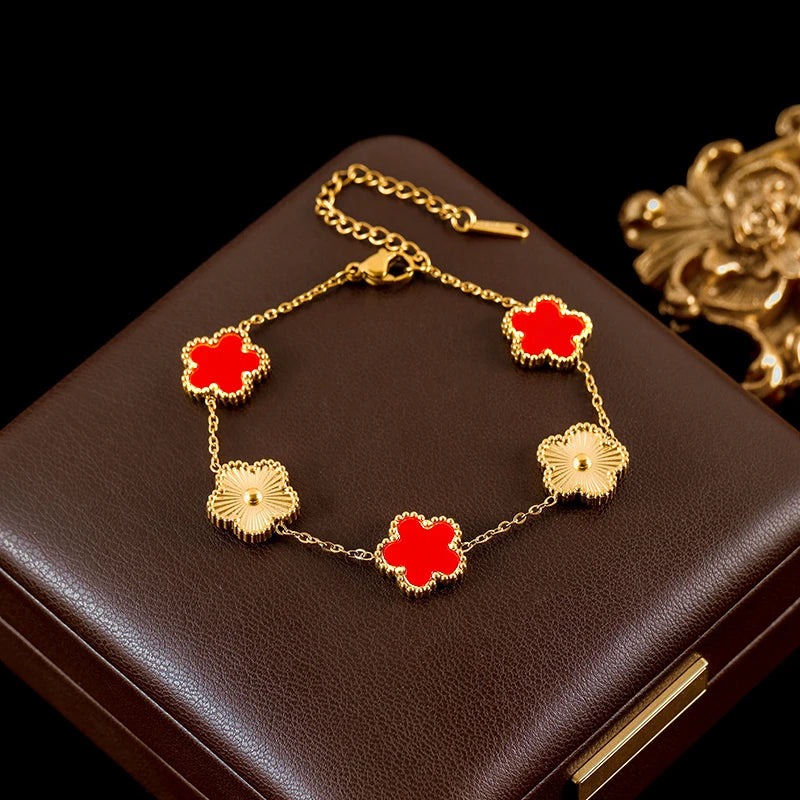 GANEMLY New Fashion Double Sided Green Five Leaf Flower Charm Bracelets
