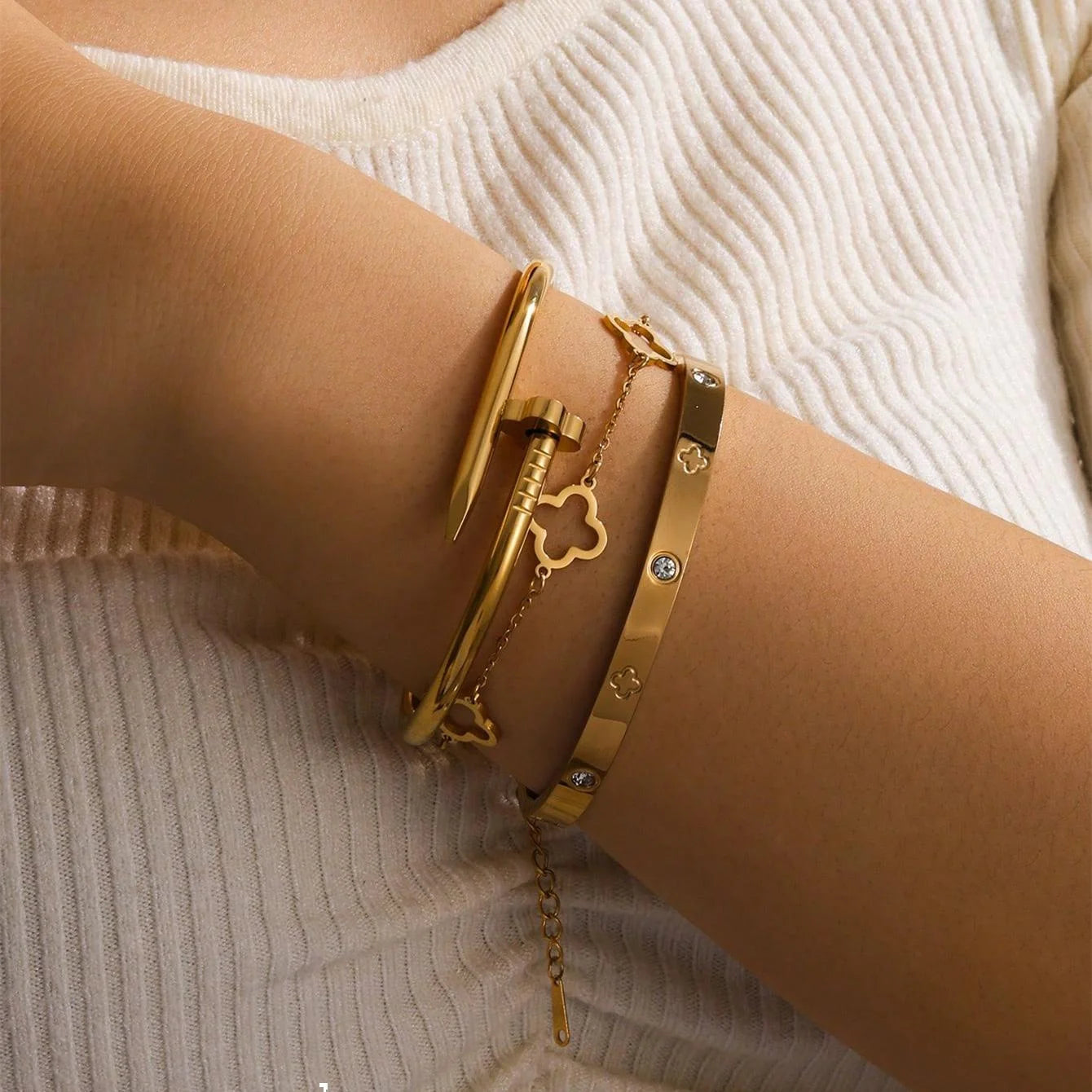 NEW French Lucky Clover Women's Bracelet Set High Quality Stainless Steel INS Hot Selling Bracelet Charm Jewelry Gift 2PCS
