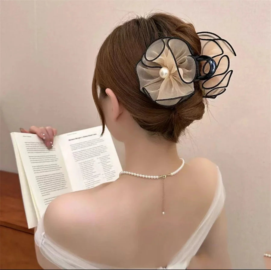 Korean style ruffled flower mesh hair clip fashionable temperament