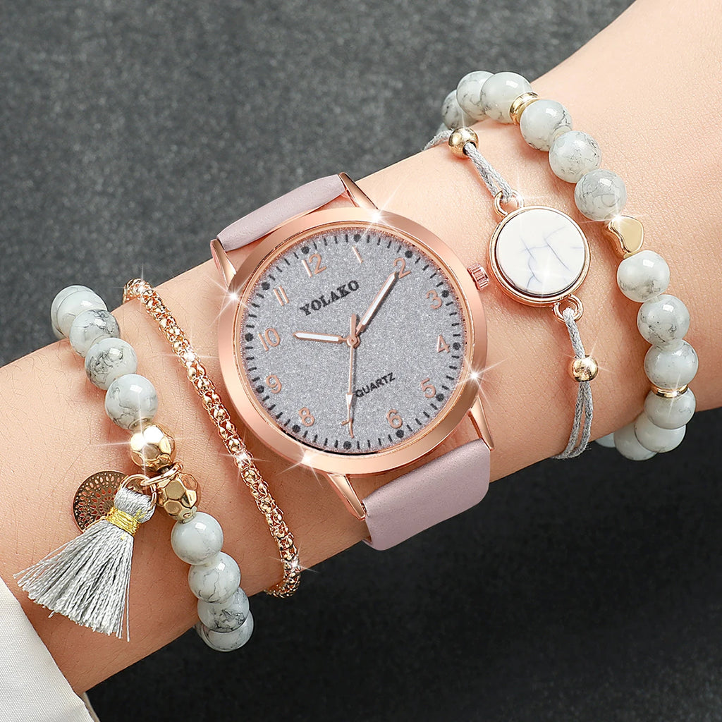 5PCS/Set Fashion Arabic Dial Women Quartz Watch Casual Leather Band Wrist Watches Bracelets  Set