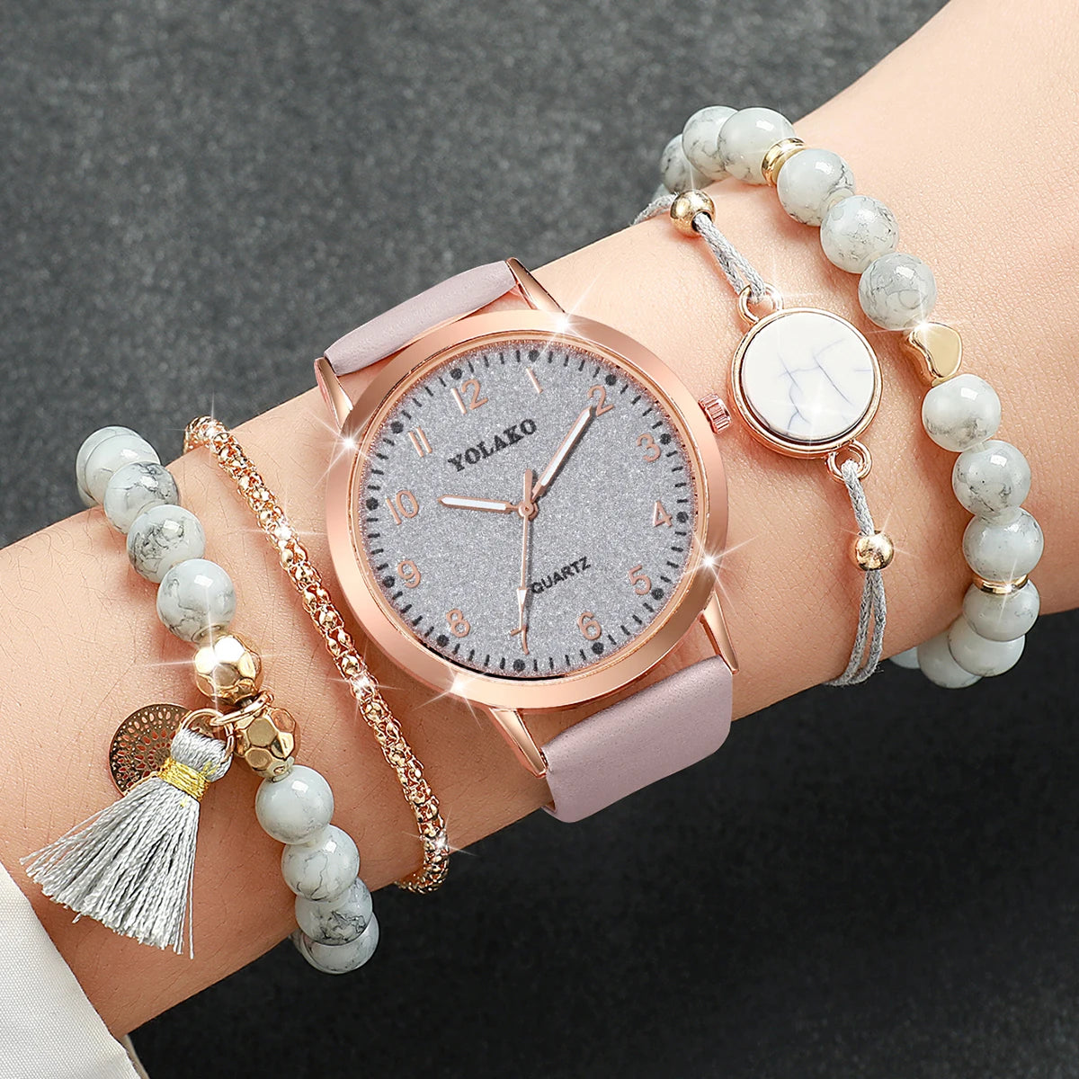 5PCS/Set Fashion Arabic Dial Women Quartz Watch Casual Leather Band Wrist Watches Bracelets  Set