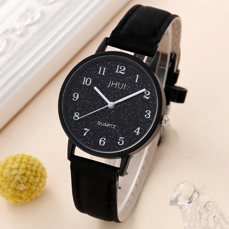 2PCS Fashion Starry Sky Women's Quartz Watch Leather Band Analog
