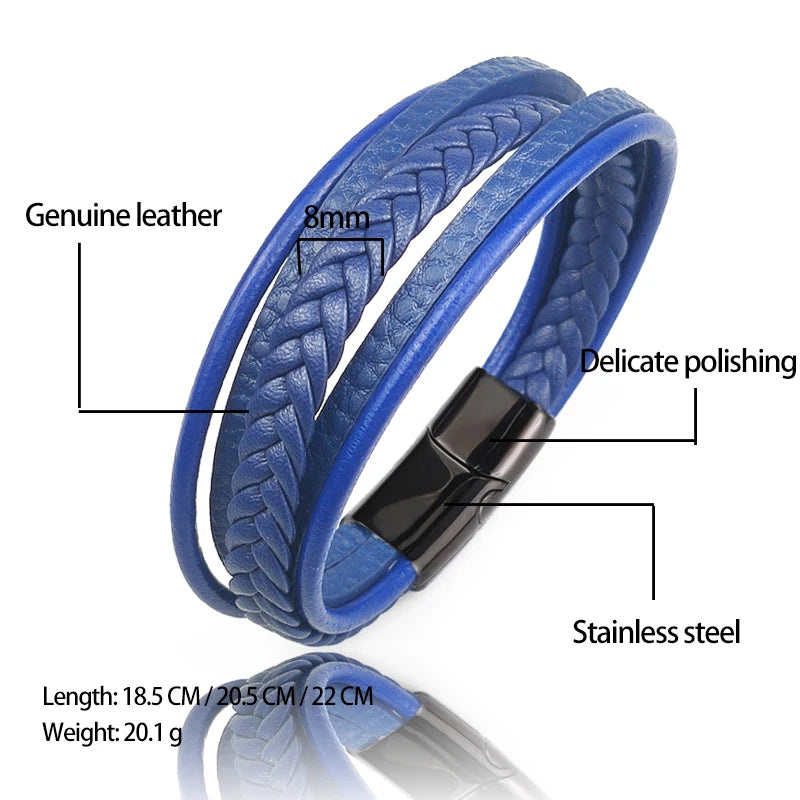 New Titanium Steel Blue Punk Braided Leather Bracelet