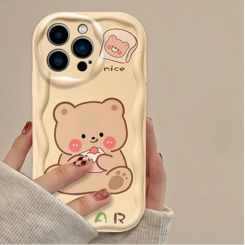 Lovely Coffee Bear Silicone Printing Phone Case for IPhone 16 15 14 13 12 11 Pro Max Plus 16E XR XS X 7 8 Wavy Shockproof Cover