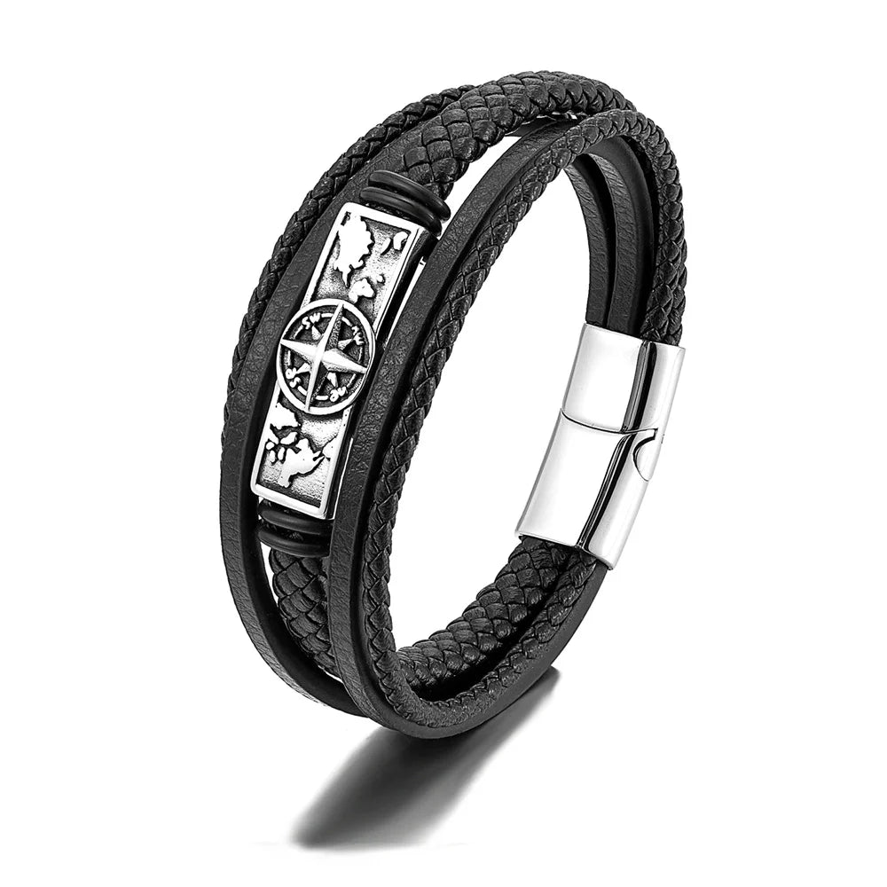 Stainless Steel Wrap Leather Viking Compass Bracelet Men Women