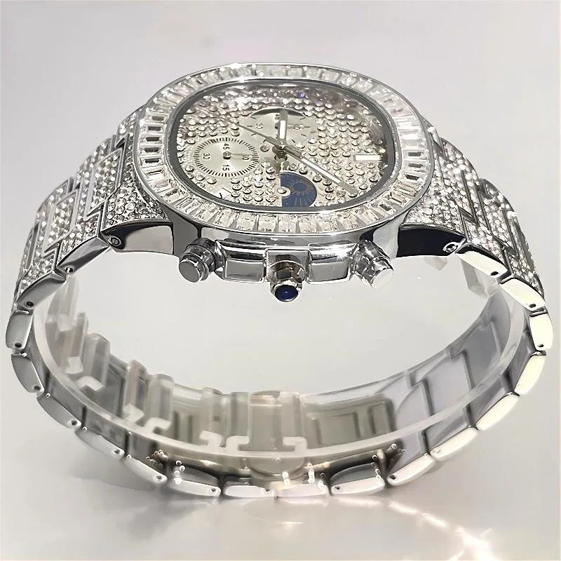 Luxury Quartz Mens Watches Fashion Square Diamond Stainless Steel Wristwatches