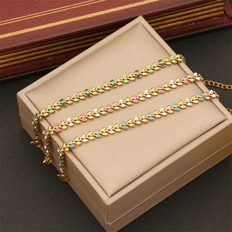 316L Stainless Steel New Fashion Fine Jewelry 3 Colors Oil Drip Wheat Ears Olive Branch Shape Charm Chain Bracelets For Women