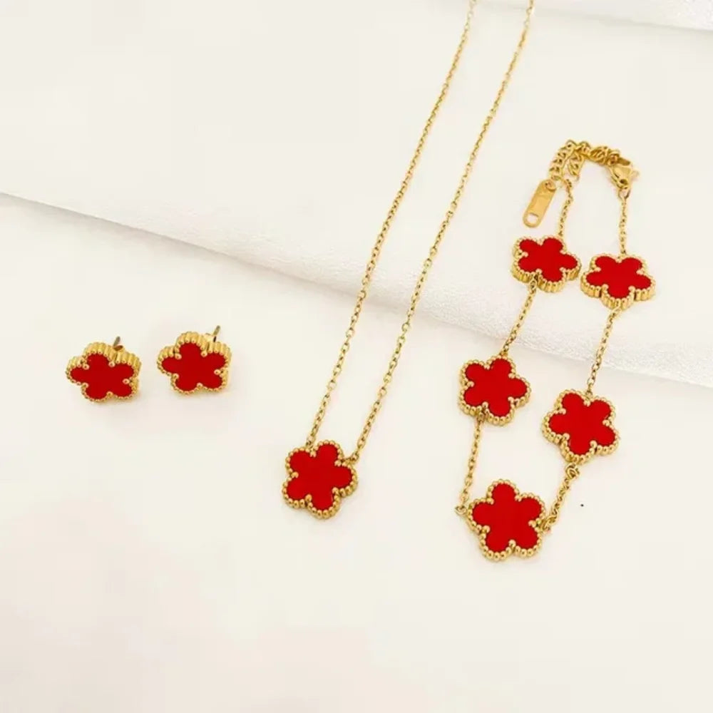 IFYOUOO Necklace Bracelet Earrings Set Luxury Plum Blossom Plant Five Leaf Flower for Women Gift Jewelry