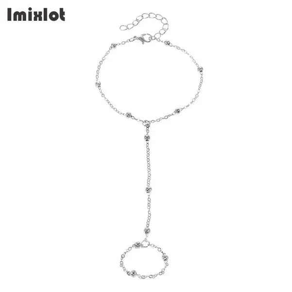 Simple Heart Pendant Chain Bracelet Link Connected Gold Plated Wide Finger Ring Bracelets for Women Link Hand Harness Jewelry