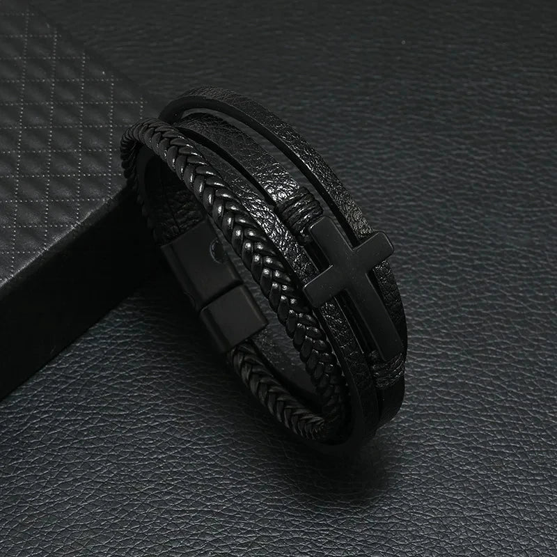 Trendy Leather Bracelets Men Stainless Steel Multilayer