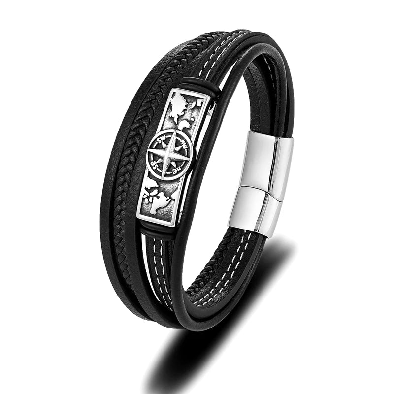 Stainless Steel Wrap Leather Viking Compass Bracelet Men Women