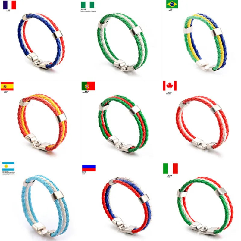 Stainless Steel Men Women Spain Germany France Italy Argentina National Flag PU Leather Bracelets Handmade Jewelry