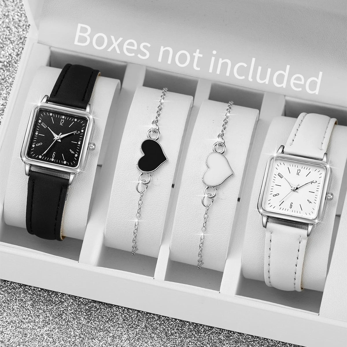 2/4PCS Fashion Square Women's Watch Leather Band Quartz Watches Heart Bracelet Set