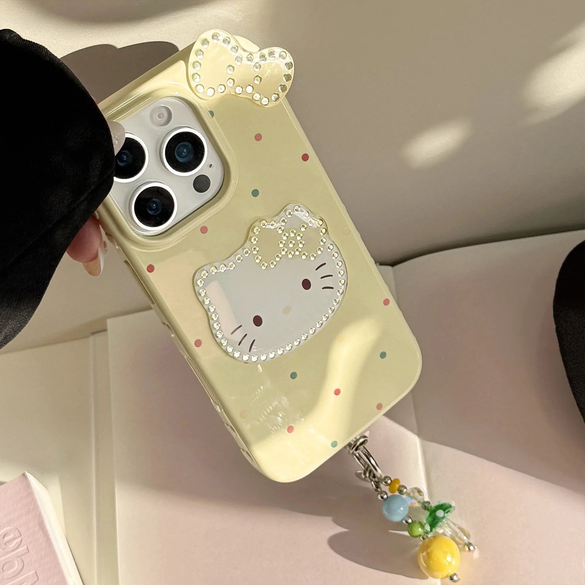 Korean Colorful Wave Point 3D Bowknot Hello Kitty Phone Case For iPhone 16 15 14 13 12 Pro Max With Wrist Strap Shockproof Cover