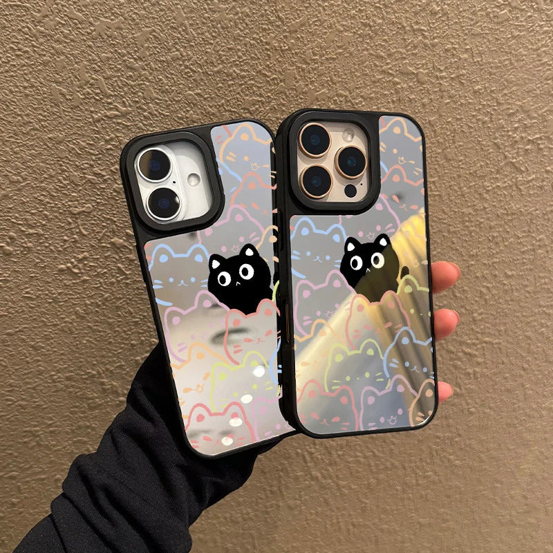 Case for iPhone 11 12 13 14 15 16 Pro Max Plus Series Colorful hollow cat pattern transparent mirror phone case