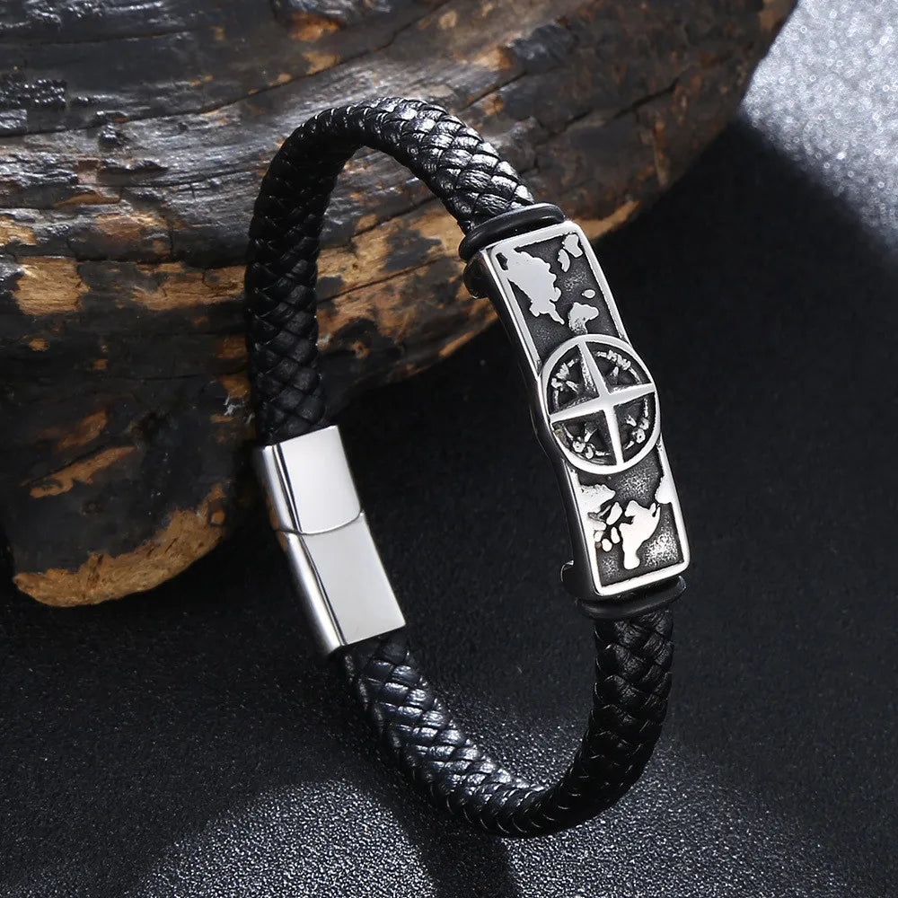 Stainless Steel Wrap Leather Viking Compass Bracelet Men Women