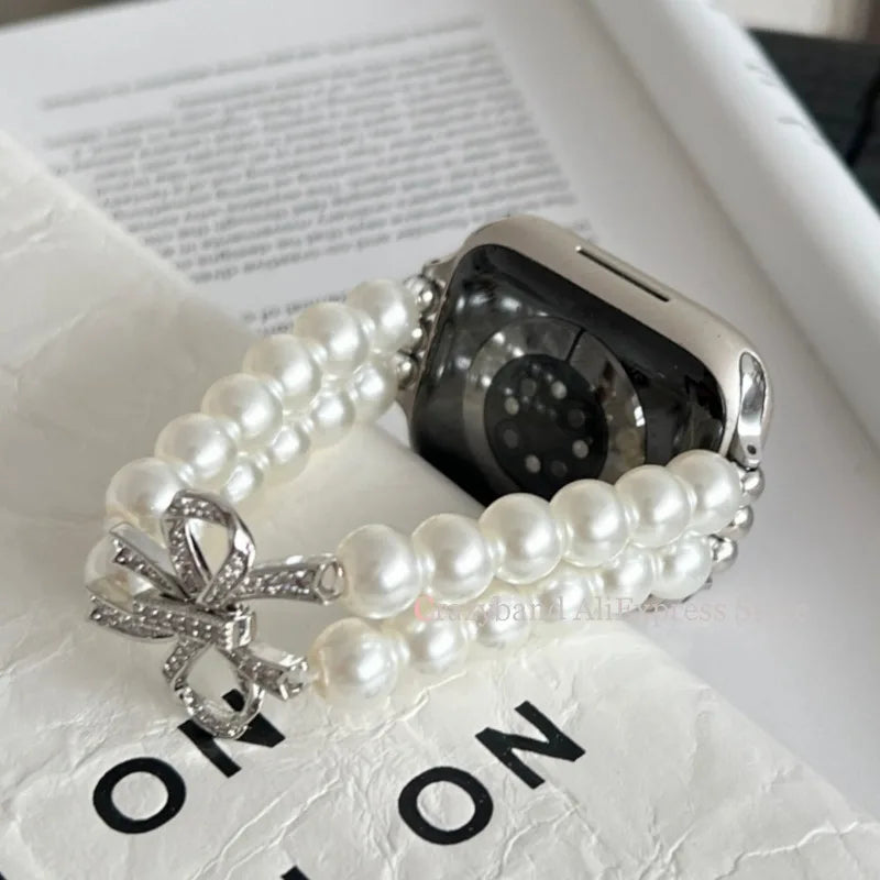 New Bow Stretch Beaded Strap Women's Watch Strap for Apple Watch 38/40/41/42/44/45/46/49mm for Iwatch 9 8 7 6 SE Bracelet