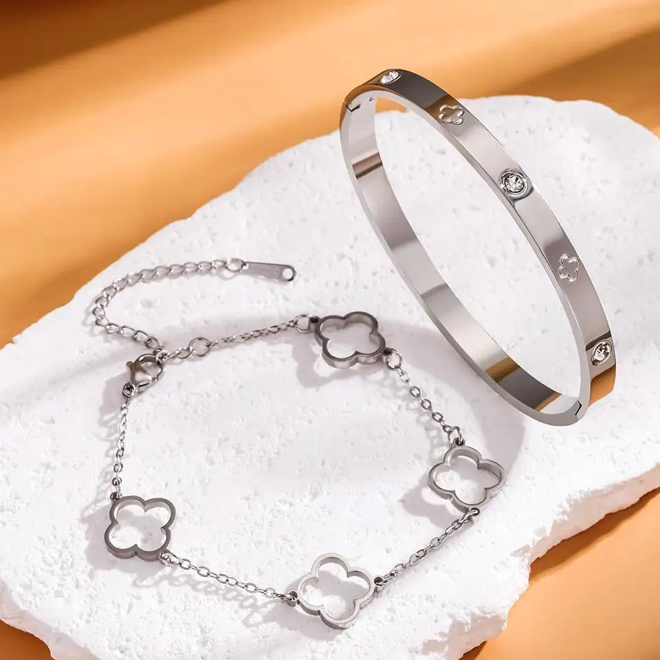 2PCS French Lucky Clover Bracelet Set For Women High Quality