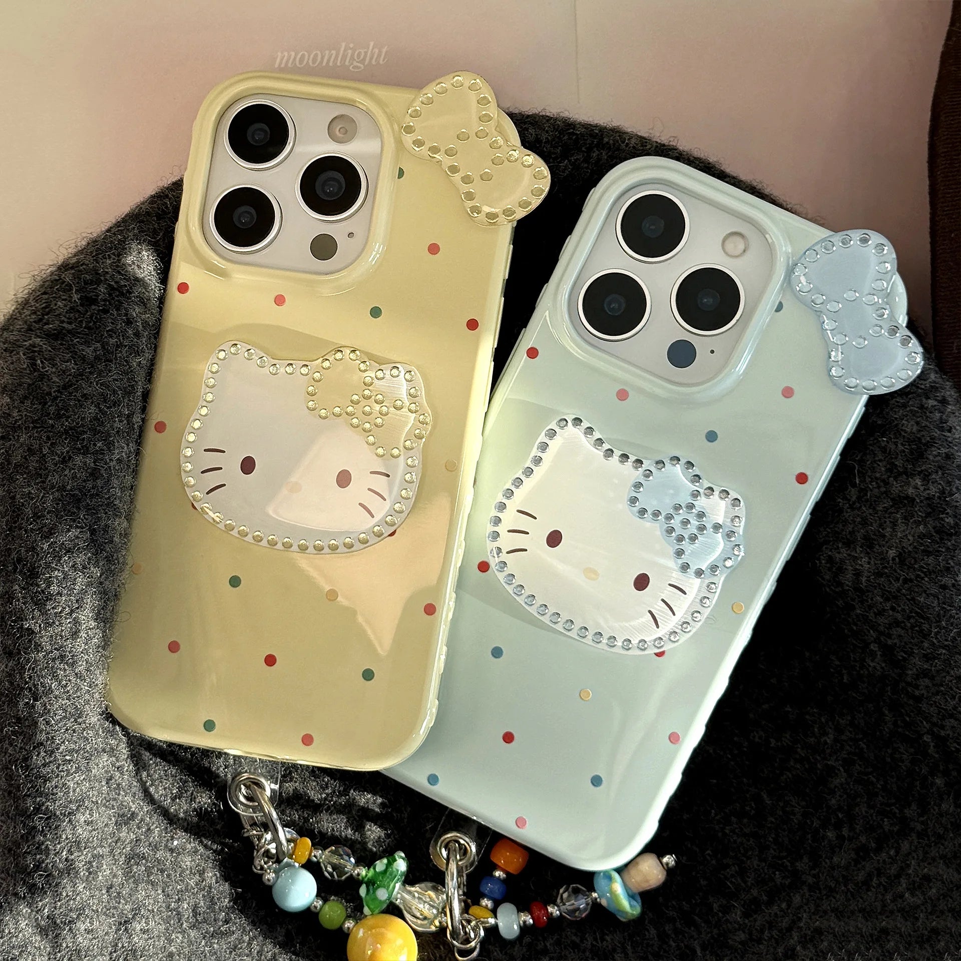 Korean Colorful Wave Point 3D Bowknot Hello Kitty Phone Case For iPhone 16 15 14 13 12 Pro Max With Wrist Strap Shockproof Cover