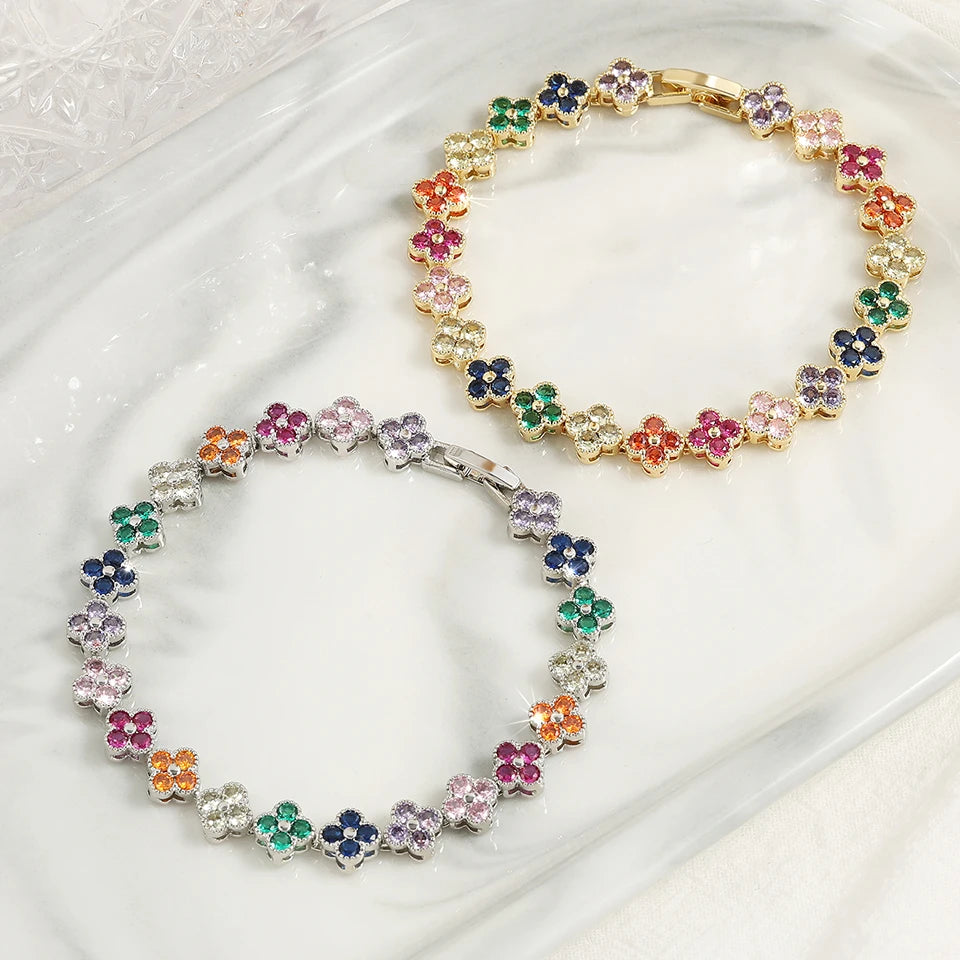 Luxury Brass Colorful Random Zircon Flowers Bracelets
